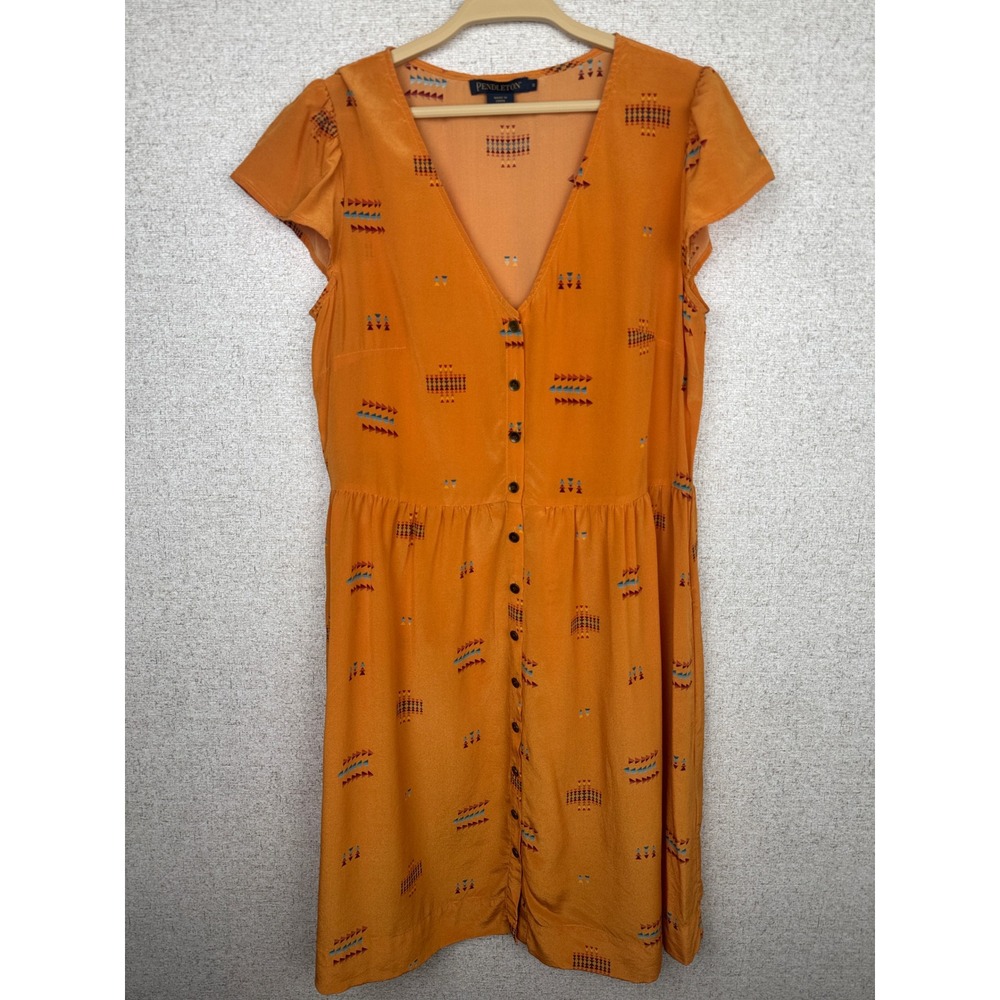 Pendleton Orange Silk Dress Geometric Print Button Front Pockets Womens Small